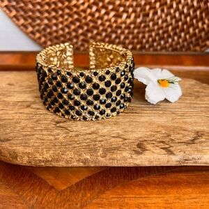 VTG Wide Gold Tone Black Rhinestone Hinged Panel Cuff Bracelet Statement
